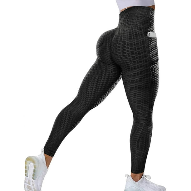 High Waist TIK Tok Yoga Pants Tummy Control Slimming Booty Leggings Workout Running Butt Lift Tights for Women Black with Pocket, S 
